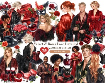 Watercolor Velvet Roses Love Unveiled Valentines Day Clipart Bundle, XOXO, Love, Balloons Clipart, Digital Download Sticker, Commercial Use