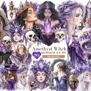 水彩アメジスト魔女クリップアート、ゴシック魔女クリップアート、バイオレット宝石女王グラフィックPNG、ハロウィーンクリップアート、ウィッカステッカー、デジタルダウンロード
