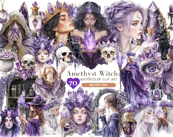 Watercolor Amethyst Witch Clipart, Gothic Witch ClipArt, Violet Gemstone Queen Graphic PNG, Halloween Clipart, Wicca Sticker,DigitalDownload