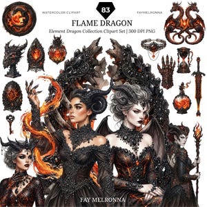 May include: A digital clipart set titled Flame Dragon featuring watercolor illustrations of two horned figures in black ornate gowns, dragon heads, a sword, an hourglass, potions, a key, and jewelry, all accented with fiery orange and black tones.