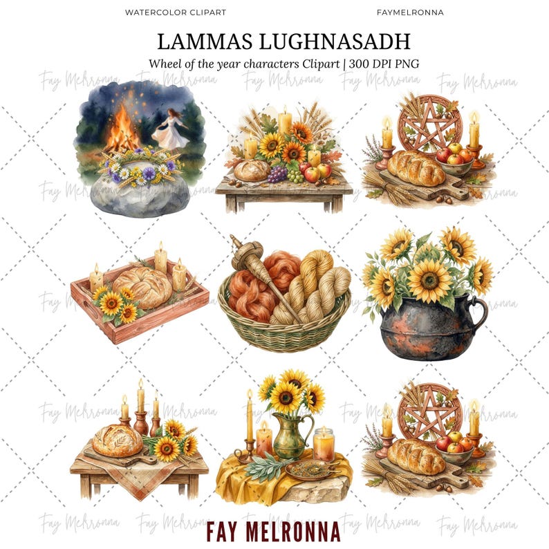 May include: Watercolour clipart depicting Lammas Lughnasadh scenes. The image includes illustrations of a bonfire, a table with bread, candles, and fruit, a basket of yarn with a spindle, and sunflowers in a vase. The text "LAMMAS LUGHNASADH" is visible.