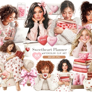 Aquarell Sweetheart Planer Clipart Bundle, Aquarell Planer, Romantisches Herz, Happy Valentines PNG, digitale Aufkleber, kommerzielle Nutzung