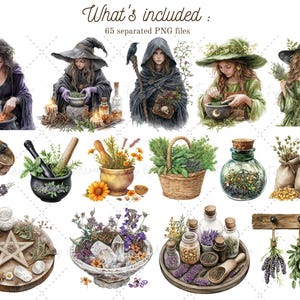 May include: A digital illustration of a collection of witchy elements, including four witches, herbs, potions, and other magical items. The text "What's included: 65 separated PNG files" is at the top of the image.