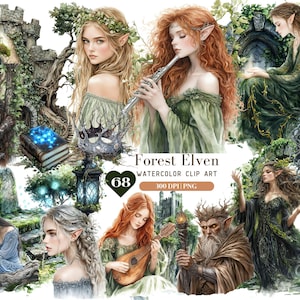 Clipart de elfos del bosque de acuarela, elfos de fantasía png, princesa elfa, fantasía medieval, botánico, bosque místico, pegatina de bosque encantado