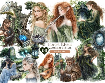 Clipart de elfos del bosque de acuarela, elfos de fantasía png, princesa elfa, fantasía medieval, botánico, bosque místico, pegatina de bosque encantado