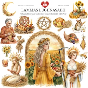 May include: A watercolour clipart set with Lammas Lughnasadh themes. The set includes illustrations of a woman in a yellow dress, sunflowers, a crescent moon, a mouse, a cornucopia, and text that reads "LAMMAS LUGHNASADH".