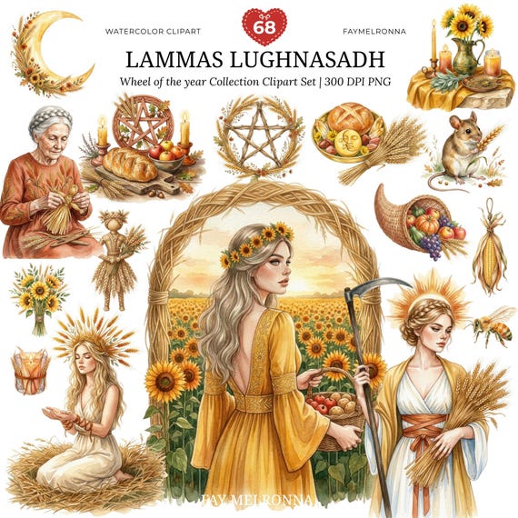 Watercolor lammas lughnasadh Clipart, Sabbat Pagan Harvest PNG, Whimsical witchcore Garden Fairy, Witchy Pagan Wicca, Wheel of the year