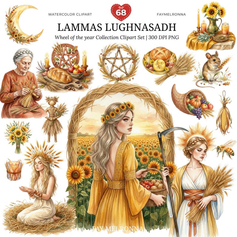 May include: A watercolour clipart set with Lammas Lughnasadh themes. The set includes illustrations of a woman in a yellow dress, sunflowers, a crescent moon, a mouse, a cornucopia, and text that reads "LAMMAS LUGHNASADH".