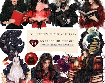 Watercolor Forgotten Crimson Library Clipart Bundle, Gothic Book Darkness PNG, Haunted Book PNG Bookworm, Dark Academia, Bookshops, Bookcase