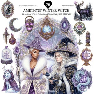 Peut inclure: Un ensemble de cliparts numériques intitulé Amethyst Winter Witch comprenant 78 illustrations à l'aquarelle, dont deux personnages en tenues d'hiver violettes et blanches, un cerf, un crâne, un croissant de lune, un sceptre et divers accessoires.