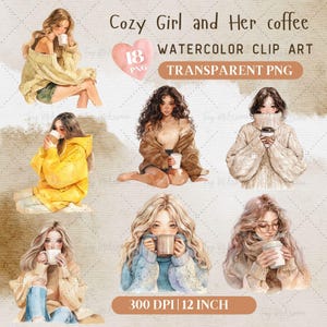 gezellig meisje met haar koffie clipartbundel, koffiesticker, digitale planners, junkjournal, geheugenboeken, plakboek, aquarel png, eten png