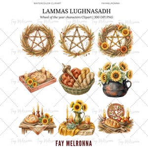 May include: Watercolor clipart depicting Lammas Lughnasadh symbols. The image includes wreaths with pentagrams, sunflowers, bread, candles, and a basket of yarn with a spindle. The artwork has a rustic, autumnal theme.