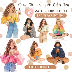gezellig meisje met haar koffie clipartbundel, koffiesticker, digitale planners, junkjournal, geheugenboeken, plakboek, aquarel png, eten png