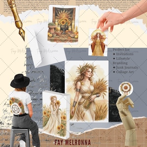 May include: A collage featuring watercolor illustrations and decorative elements. The artwork includes images of a woman in a wheat field, a sun with sunflowers, and a woman with a sun halo. The text "FAY MELRONNA" is visible. The collage is suitable for invitations, branding, junk journals, and collage art.