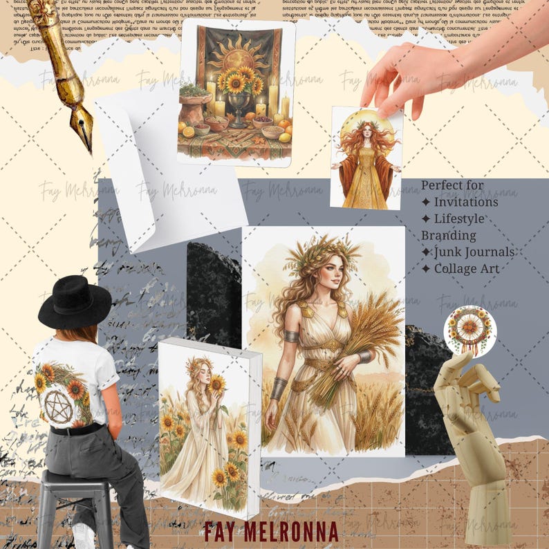 May include: A collage featuring watercolor illustrations and decorative elements. The artwork includes images of a woman in a wheat field, a sun with sunflowers, and a woman with a sun halo. The text "FAY MELRONNA" is visible. The collage is suitable for invitations, branding, junk journals, and collage art.