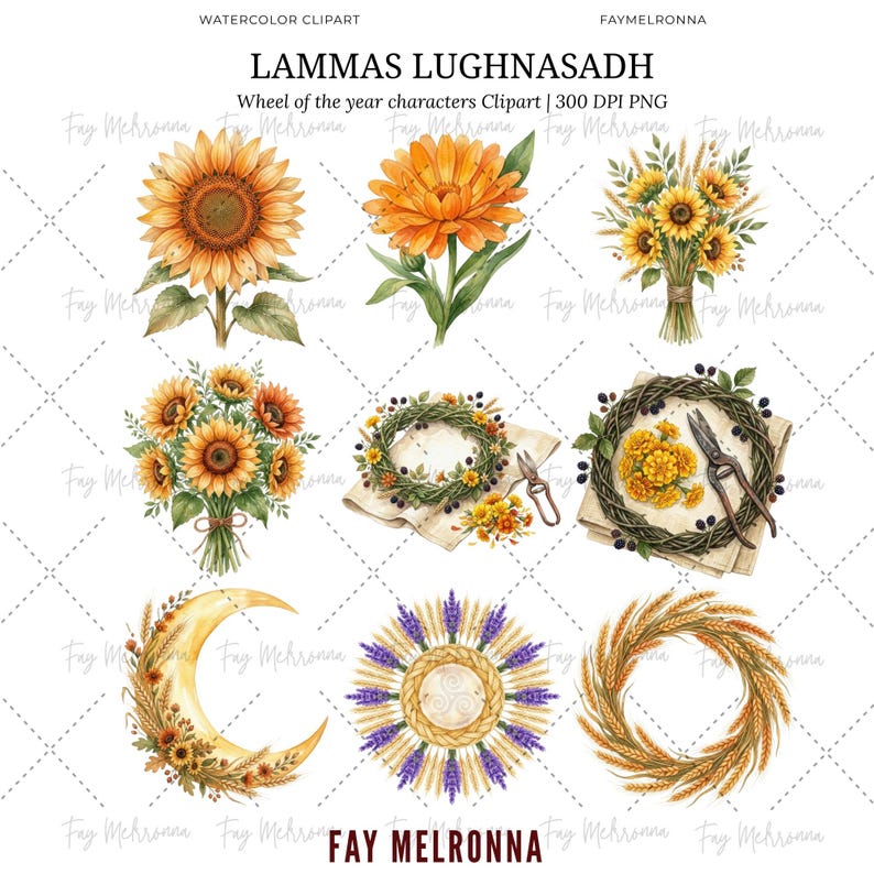 May include: A watercolour clipart collection of Lammas Lughnasadh designs. The image showcases sunflowers, a marigold, bouquets, wreaths, a crescent moon, and a sunburst design. The colour scheme is primarily warm yellows, oranges, and greens, with purple and brown accents. Text reads "Wheel of the year characters Clipart".