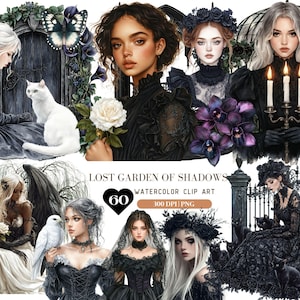 Aquarell verlorener Garten der Schatten Clipart, Gothic Garten, Dunkelheit Mädchen Grafik PNG, Halloween schwarz, Wicca Aufkleber, dunkle Fee, dunkle Wissenschaft