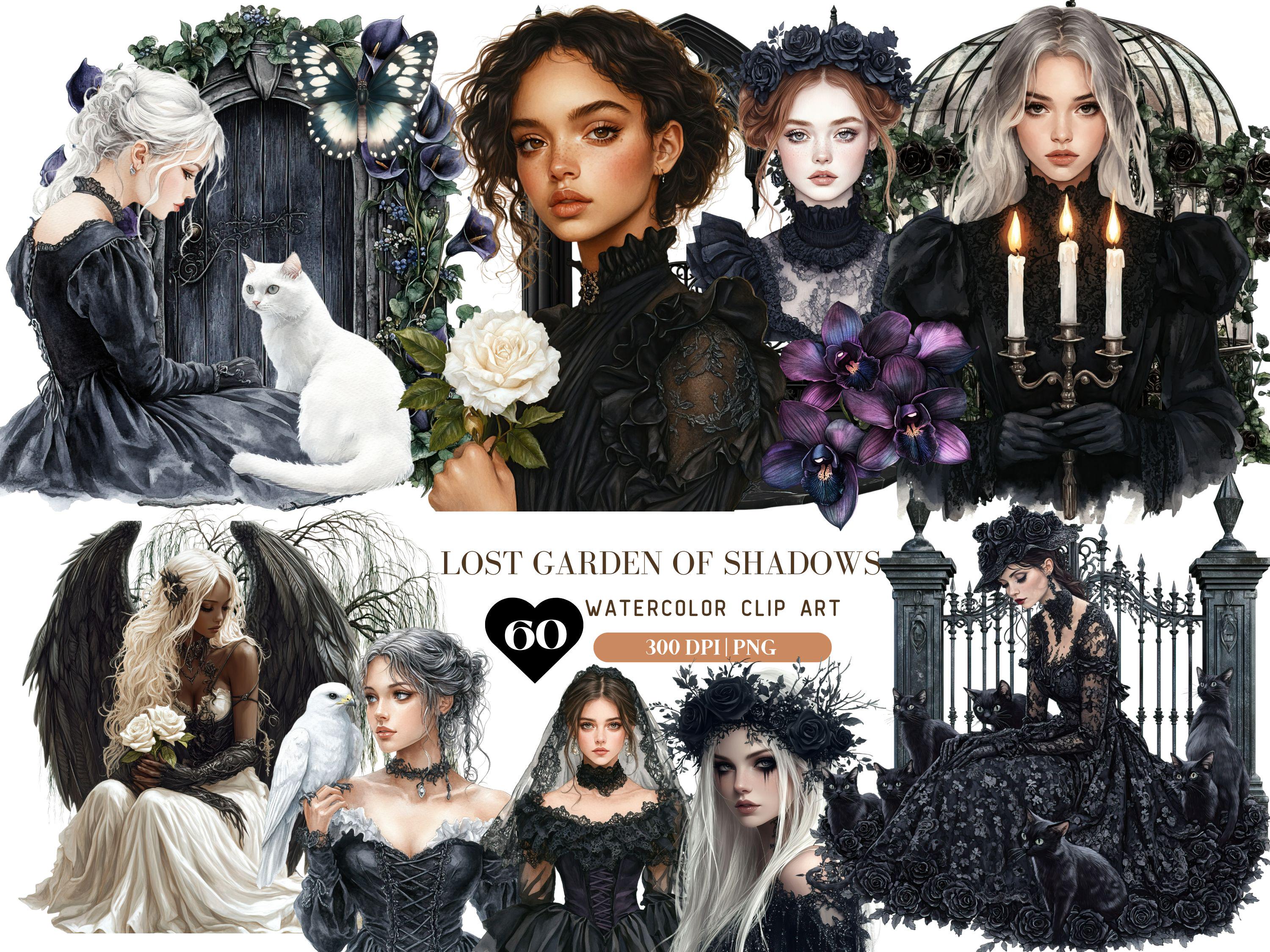 Watercolor Lost Garden of Shadows Clipart, Gothic Garden, Darkness Girl Graphic PNG, Halloween Black, Wicca Sticker, Dark Fae, Dark academia