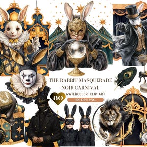 Aquarel The Rabbit's Masquerade Noir Carnival Bundle, Gothic Spring ClipArt PNG, Black Gold Dark Summer, Halloween Dark Academia, Circus