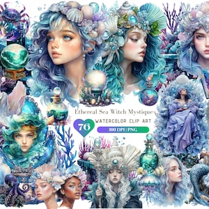 Acuarela Etérea Mar Bruja Mística Bruja Clipart, Gótico PNG, Gráfico de Reina Perla PNG, Clipart de Halloween, Pegatina Wicca, Descarga Digital