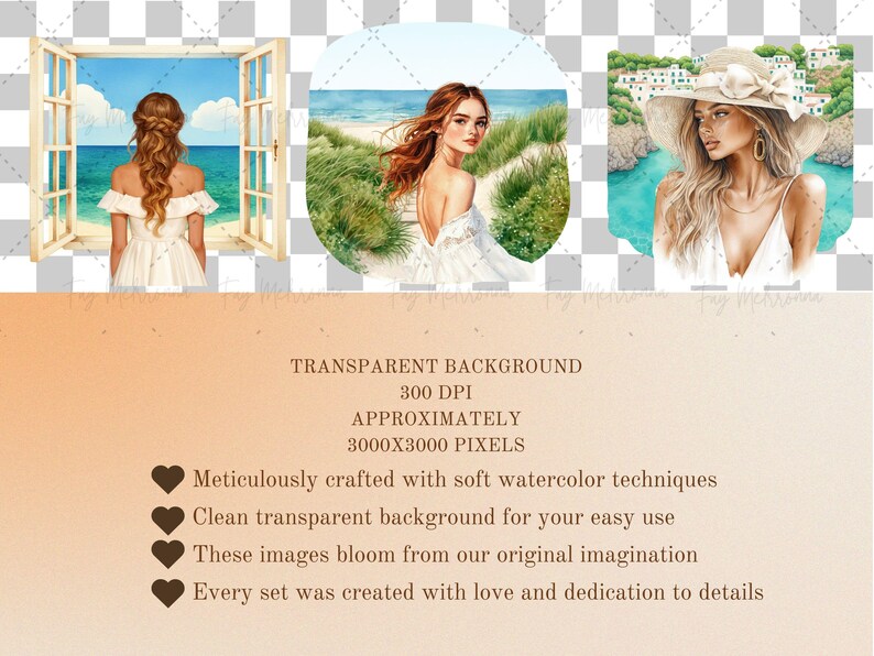 May include: Three watercolor illustrations featuring women in white dresses. The first image shows a woman standing in a doorway looking out at the ocean. The second image shows a woman standing in a field of tall grass. The third image shows a woman standing in front of a building with a blue roof.