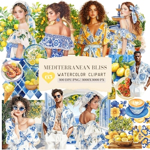Clipart estivo di "Beatitudine mediterranea" ad acquerello, piastrelle di limone, Sicilia, Grecia, Italia, Amalfi, Junkjournal, adesivo digitale, album di ritagli, commerciale