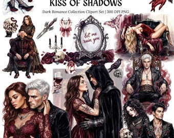 Dark Romance Watercolor Clipart | Gothic Vampire Couple PNG | Romantasy | Dark Academia Wedding Sticker | Smutty Book Club | Splicy Lover