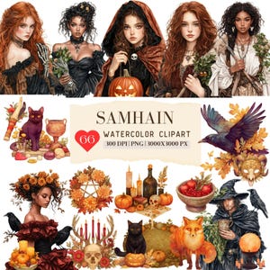 Watercolor Samhain Clipart, Pagan Gothic witch ClipArt, Goddess Fairy Queen Sabbat, Wicca Harvest Autumn, Celtic neopagan wiccan, witchcraft