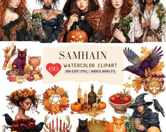 Watercolor Samhain Clipart, Pagan Gothic witch ClipArt, Goddess Fairy Queen Sabbat, Wicca Harvest Autumn, Celtic neopagan wiccan, witchcraft