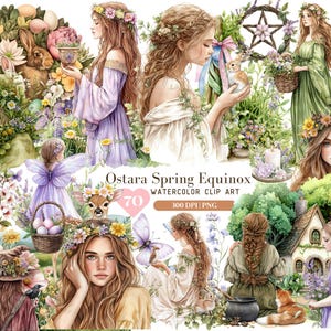 Aquarell Ostara Frühlings-Tagundnachtgleiche Clipart, Gothic Hexe ClipArt, Göttin Fee Königin Grafiken PNG, Wicca Clipart, Pagan PNG, digitaler Download