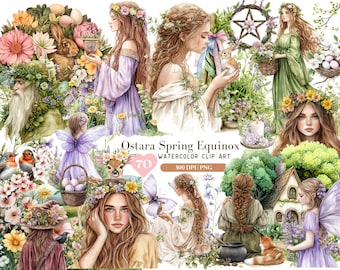 May include: A set of 70 watercolour clip art images featuring fairies, flowers, animals, and other spring equinox imagery. The images are 300 DPI and in PNG format. The text "Ostara Spring Equinox Watercolor Clip Art 300 DPI | PNG" is included in the image.