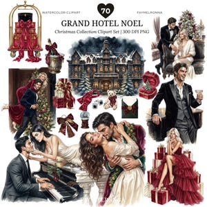 Julromantik akvarell Clipart | Grand Hotel Noel | Romantiskt par PNG | Vintage alpin lyxig semester vinterdejt | Bröllopsklistermärke