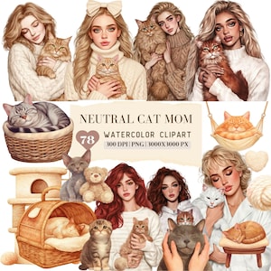 Aquarell Neutral Katzenmama PNG ClipArt Bundle, Haustier Elternteil, süßes Katzenkätzchen, gemütliches Katzenzimmer, Katzenliebhaber, Katzenrassen Grafiken, digitaler Download