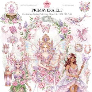 Op de afbeelding: Watercolor clipart set getiteld "Primavera Elf" met illustraties van feeën, bloemen en grillige elementen. Het kunstwerk bevat een centrale fee met een harp, omringd door bloemstukken, vlinders en een walvis. Het kleurenpalet is zacht, met roze, paars en groen.