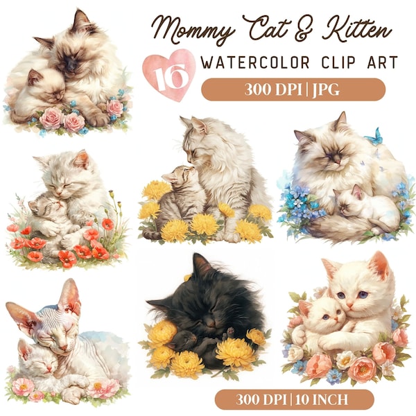 Watercolor Cute Mom and Baby Cat Clipart, Cute Kittens Animal Nursery, Bear Bunny Kitten Mom Daughter Son Mother's Day Baby Shower Png