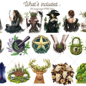 Puede incluir: Una colecci&oacute;n de 70 ilustraciones digitales que presentan una variedad de elementos m&aacute;gicos y m&iacute;sticos, incluyendo brujas, criaturas del bosque, hierbas y otras im&aacute;genes inspiradas en la naturaleza. Las ilustraciones est&aacute;n en un estilo de acuarela y son perfectas para usar en scrapbooking digital, creaci&oacute;n de tarjetas y otros proyectos creativos.