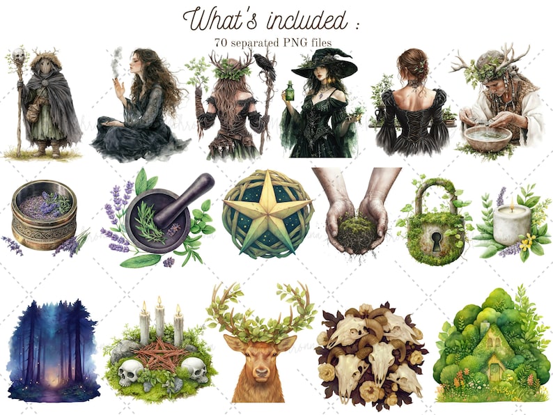 Puede incluir: Una colecci&oacute;n de 70 ilustraciones digitales que presentan una variedad de elementos m&aacute;gicos y m&iacute;sticos, incluyendo brujas, criaturas del bosque, hierbas y otras im&aacute;genes inspiradas en la naturaleza. Las ilustraciones est&aacute;n en un estilo de acuarela y son perfectas para usar en scrapbooking digital, creaci&oacute;n de tarjetas y otros proyectos creativos.