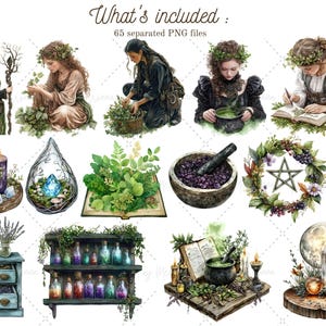 May include: A collection of digital illustrations featuring a witchy theme. The illustrations include a variety of elements, such as candles, herbs, potions, books, and a pentagram. The illustrations are in a watercolor style and have a whimsical and magical feel.