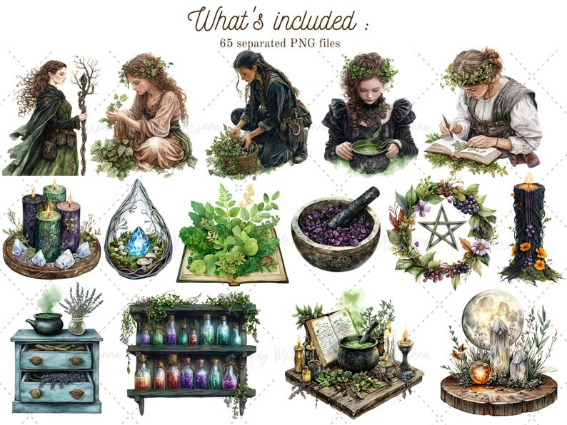 May include: A collection of digital illustrations featuring a witchy theme. The illustrations include a variety of elements, such as candles, herbs, potions, books, and a pentagram. The illustrations are in a watercolor style and have a whimsical and magical feel.