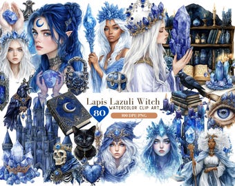 Può includere: Set di clip art ad acquerello con tema Lapis Lazuli Witch. Il set include 80 immagini di streghe, cristalli, corvi, libri e altri elementi magici. Le immagini sono a 300 DPI e in formato PNG.