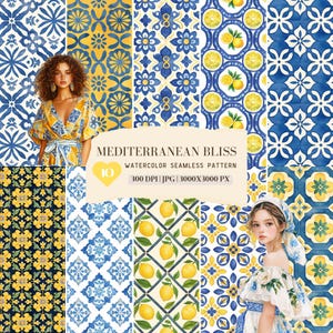 May include: A set of 10 digital seamless patterns featuring watercolor illustrations of blue and yellow tiles with lemons and flowers. The patterns are 3000x3000 pixels and 300 DPI. The text "MEDITERRANEAN BLISS WATERCOLOR SEAMLESS PATTERN 10 300 DPI | JPG | 3000X3000 PX" is included in the image.