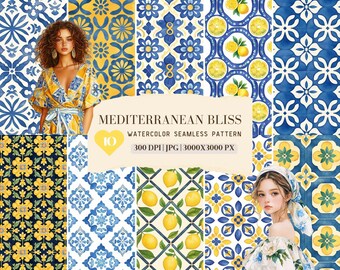 Watercolor Mediterranean Tile Seamless Patterns, Card Lemon Tile, Sicily Blue,Italy Digital Paper,Amalfi,Junk journal, Scrapbook,Commercial