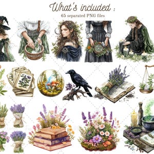 May include: Watercolor illustrations of a witch, a crow, a book, a scale, a mortar and pestle, and lavender flowers. The illustrations are in a whimsical style and are perfect for adding a touch of magic to your projects.