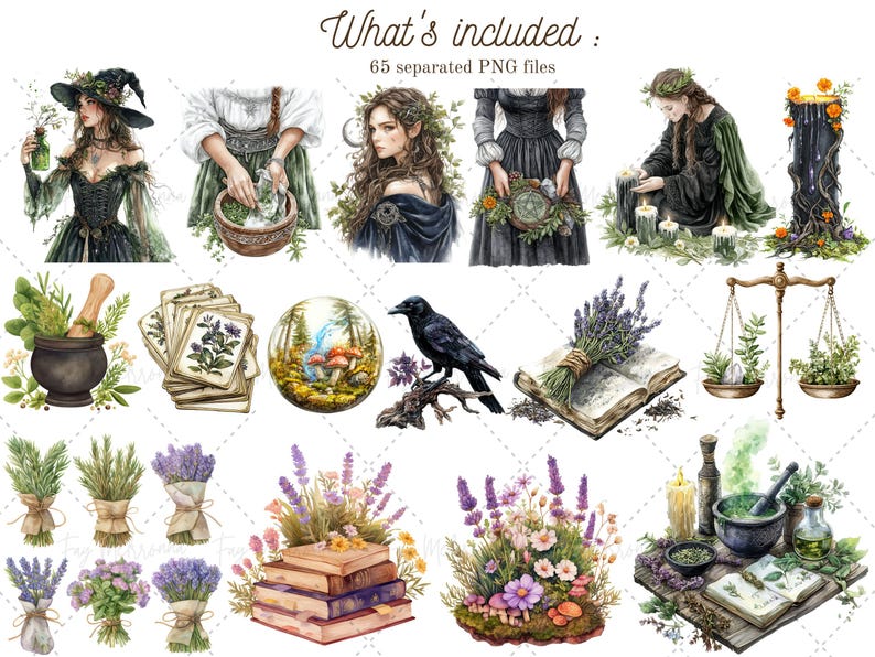 May include: Watercolor illustrations of a witch, a crow, a book, a scale, a mortar and pestle, and lavender flowers. The illustrations are in a whimsical style and are perfect for adding a touch of magic to your projects.