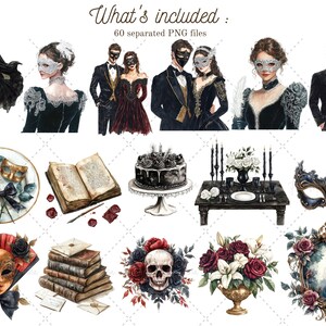 May include: A set of 60 watercolour illustrations featuring a masquerade ball theme. The illustrations include masked figures, a black cake, a book, a skull with flowers, a mirror with roses, and a table setting with candles and flowers.