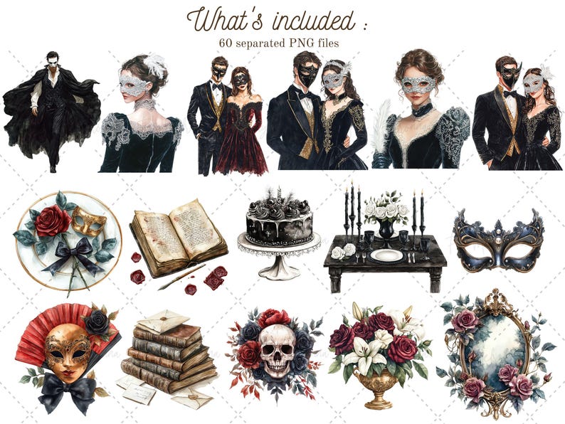 May include: A set of 60 watercolour illustrations featuring a masquerade ball theme. The illustrations include masked figures, a black cake, a book, a skull with flowers, a mirror with roses, and a table setting with candles and flowers.