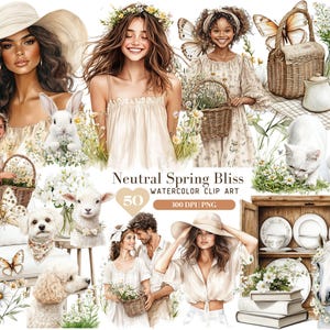 Watercolor Neutral Spring Bliss Bundle, Spring ClipArt PNG, Neutral Spring Love Couple, White flower garden Clipart, DigitalDownload Sticker