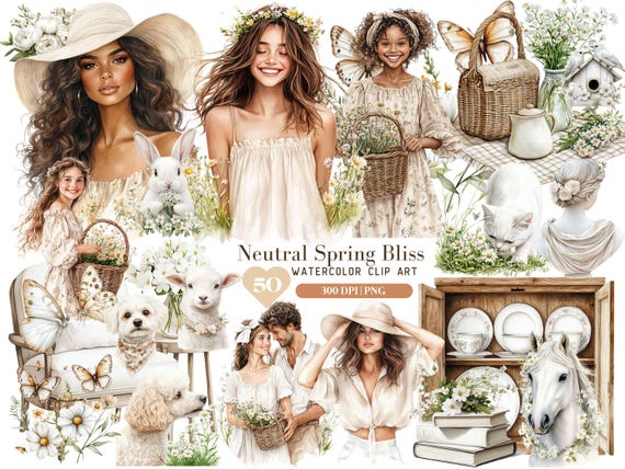 Watercolor Neutral Spring Bliss Bundle, Spring ClipArt PNG, Neutral Spring Love Couple, White flower garden Clipart, DigitalDownload Sticker