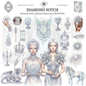 May include: Watercolor clipart set titled "Diamond Witch" featuring illustrations of gemstone-themed items. Includes two women, a dragon, a unicorn, and various crystal and gem-adorned objects in shades of white, silver, and light blue. Text includes "Watercolor Clipart" and "Gemstone Witch Collection Clipart Set".