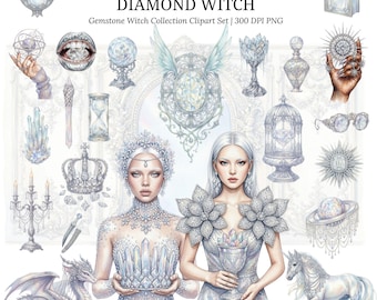 Può includere: Set di clipart ad acquerello intitolato "Diamond Witch" con illustrazioni di oggetti a tema gemme. Include due donne, un drago, un unicorno e vari oggetti adornati con cristalli e gemme in tonalità di bianco, argento e azzurro. Il testo include "Watercolor Clipart".